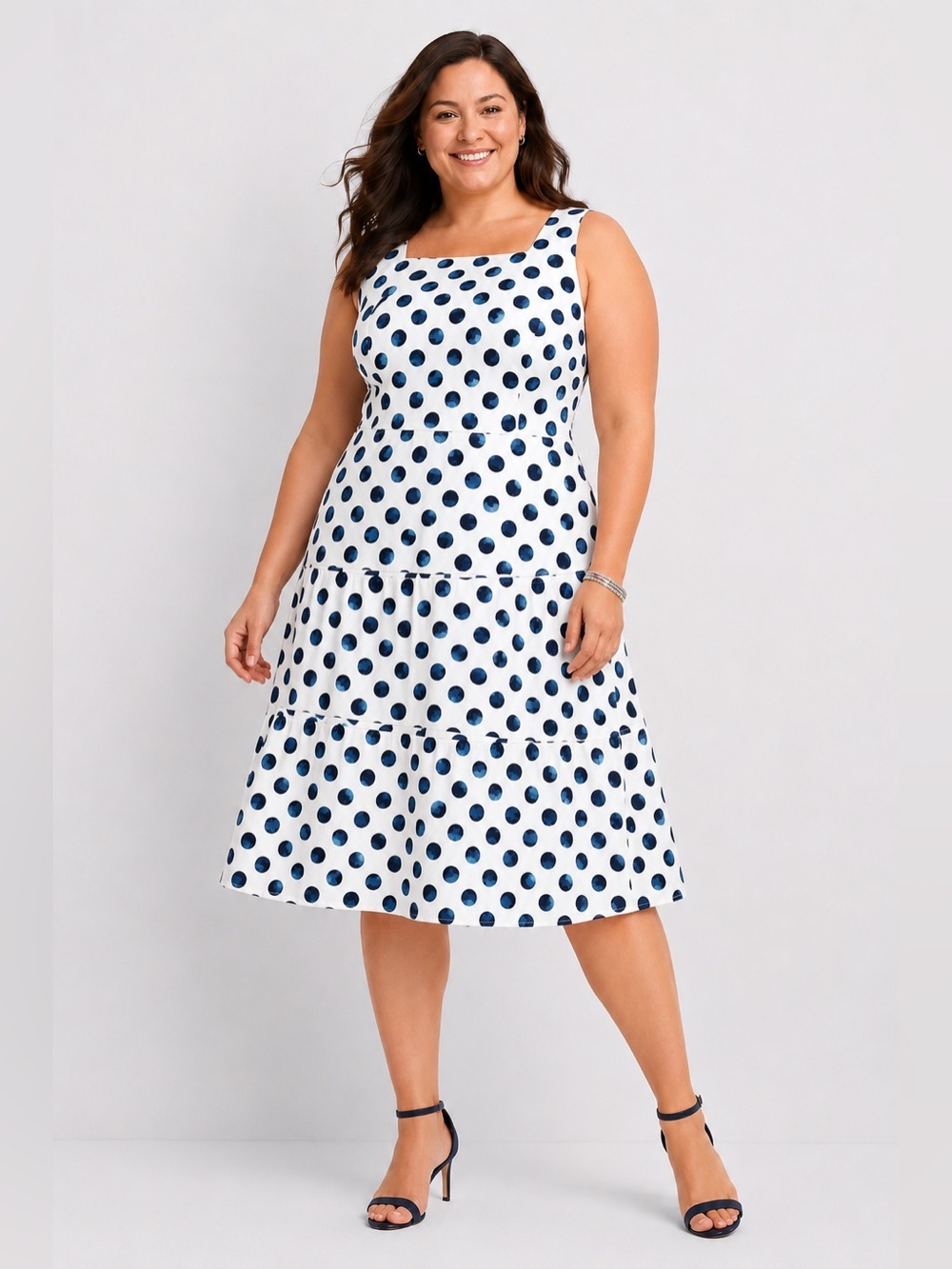 Talbots white polka dot a line sleeveless dress size 16 tiered nautical preppy